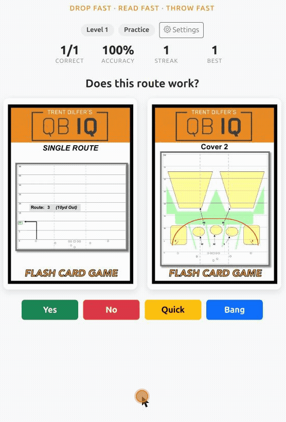 QBIQ Flash Card Game demo — route vs defense, answer, correct, next card